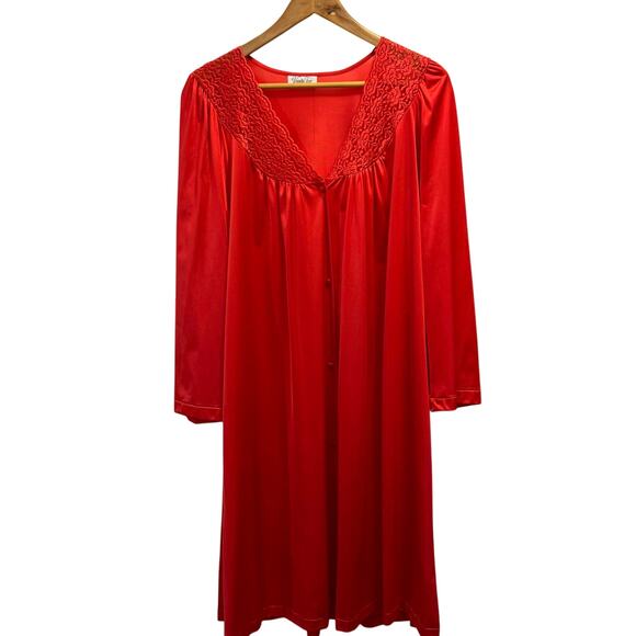 Vintage Vanity Fair Size Large Made in the USA Red Button Up Lace Collar Robe - Picture 1 of 6